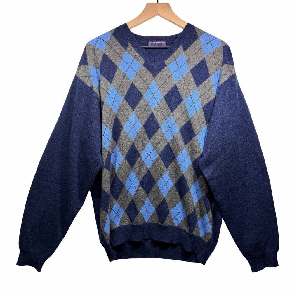 Vintage John Ashford Sweater Argyle Merino Wool Pullover Italy EUC Preppy Size L